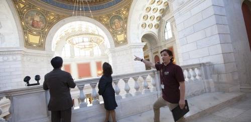 RIC History student Shane Allen giving tour of RI State House